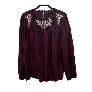 Lane Bryant Embroidered Blouse Size 18 Garnet Keyhole Back Boho Style‎